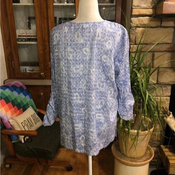 PURE JILL SIZE LARGE BLUE & WHITE PAISLEY BLOUSE 3/4 SLEEVE V/NECK W/TIES EUC - Picture 4 of 4